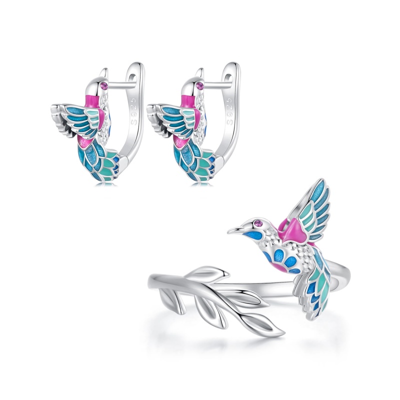 Pierścionek regulowany ze srebra  - Kolorowy ptak zimorodek przy srebrnej gałęzi