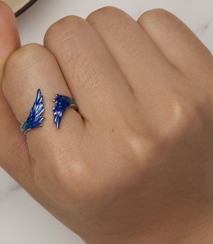 Pierścionek regulowany ze srebra - Niebieskie skrzydła