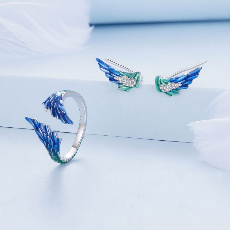 Pierścionek regulowany ze srebra - Niebieskie skrzydła