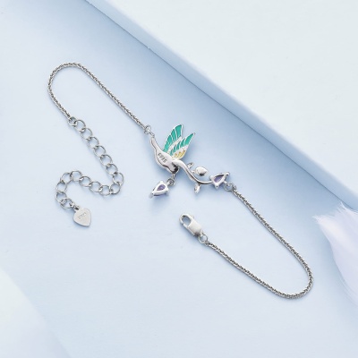 Bransoletka regulowana ze srebra - Zielony ptak zimorodek w locie