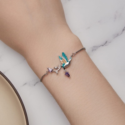 Bransoletka regulowana ze srebra - Zielony ptak zimorodek w locie