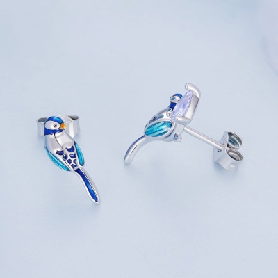 Kolczyki ze srebra - Błękitny ptak zimorodek na gałęzi z cyrkonią