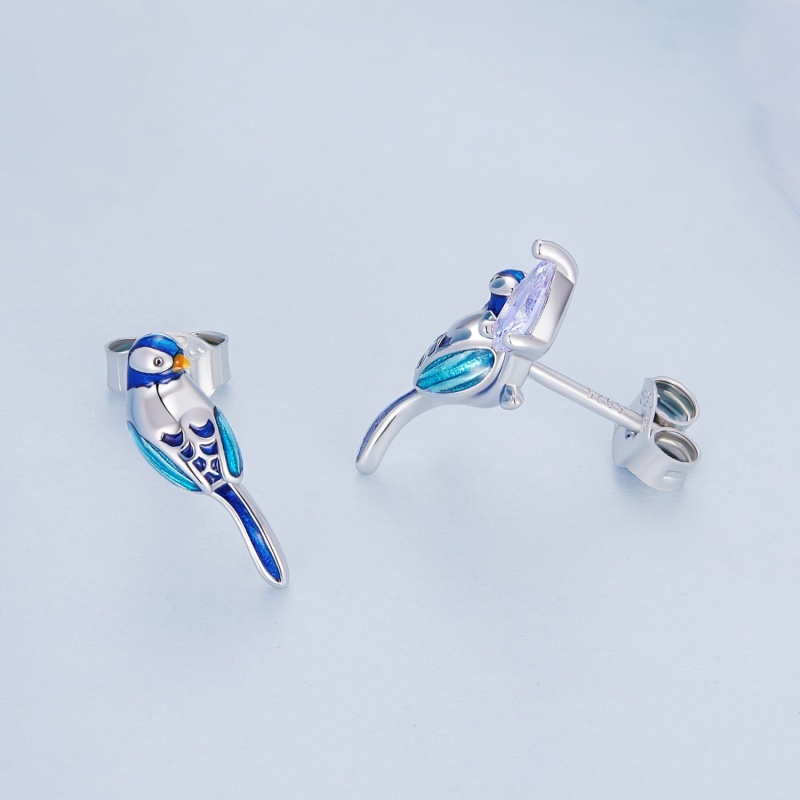 Kolczyki ze srebra - Błękitny ptak zimorodek na gałęzi z cyrkonią