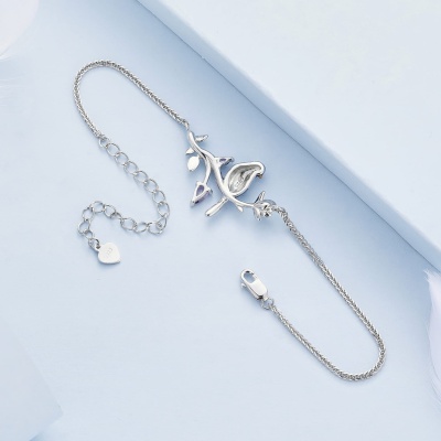 Bransoletka regulowana ze srebra - Błękitny ptak zimorodek na gałęzi z cyrkonią