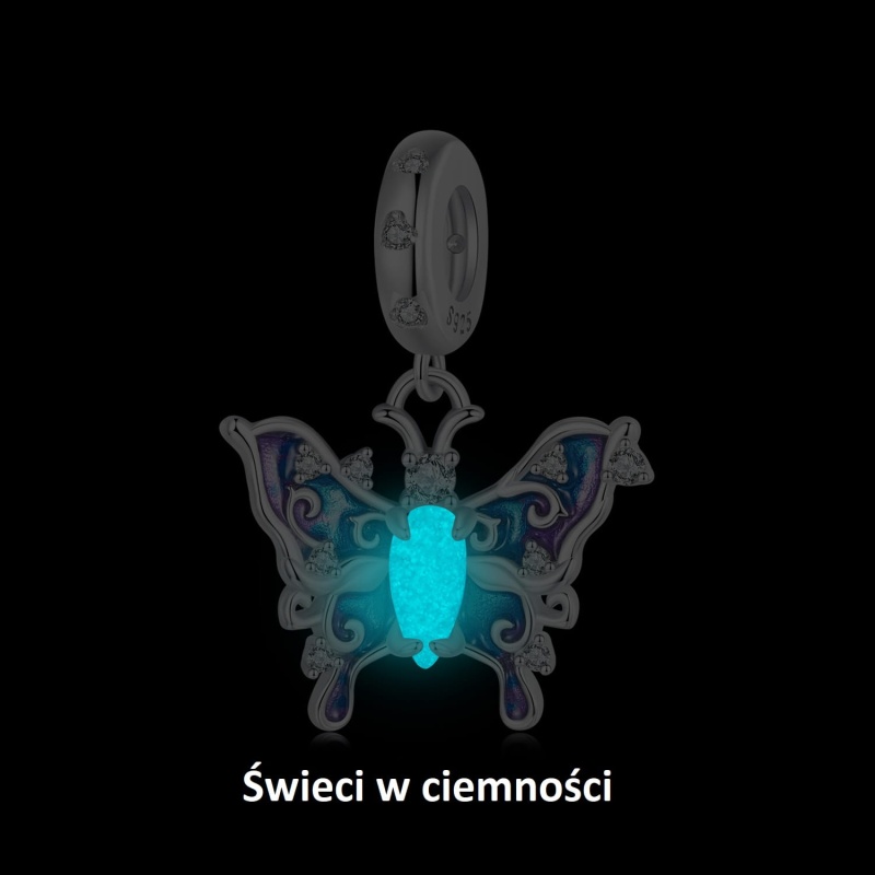 Zawieszka charms ze srebra świecąca w ciemności - Fioletowo-niebieski motyl