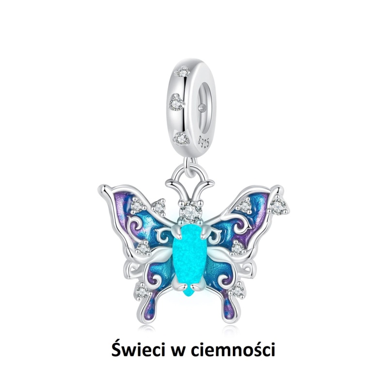 Zawieszka charms ze srebra świecąca w ciemności - Fioletowo-niebieski motyl
