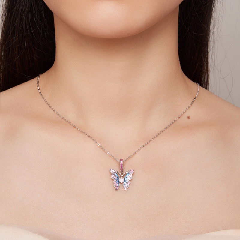 Zawieszka charms ze srebra - Różowy motyl