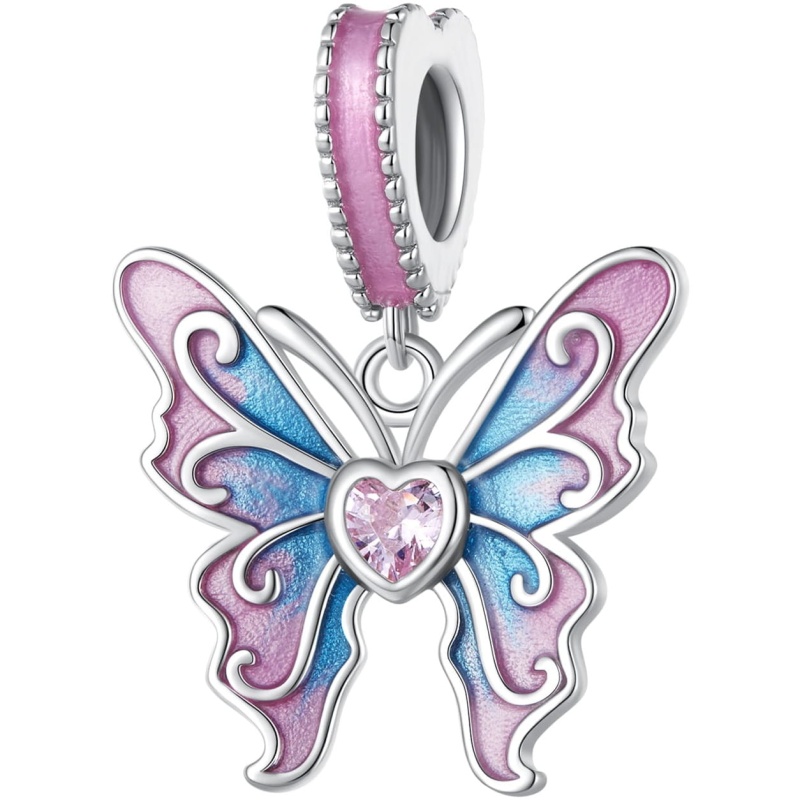 Zawieszka charms ze srebra - Różowy motyl