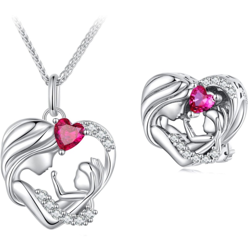 Komplet biżuterii ze srebra - Mama i córka srebro 925. Zestaw zawiera naszyjnik z zawieszką mama i córka z różową cyrkonią i charms do Pandora z tym samym motywem i cyrkonią. Zestaw zawiera również pudełko prezentowe i torebkę na prezent.