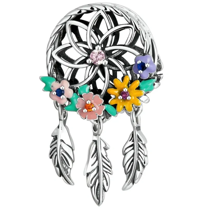 Zawieszka charms ze srebra - Łapacz snów i kwiaty