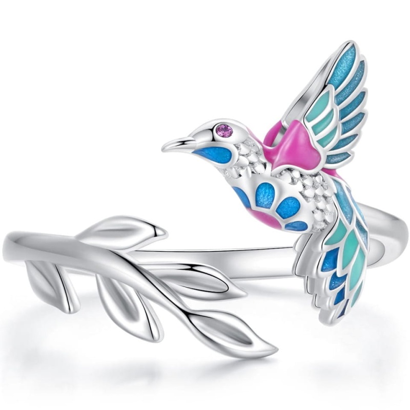 Pierścionek regulowany ze srebra  - Kolorowy ptak zimorodek przy srebrnej gałęzi