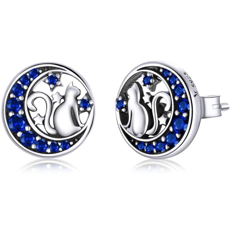 Kolczyki ze srebra - Kot na granatowym księżycu