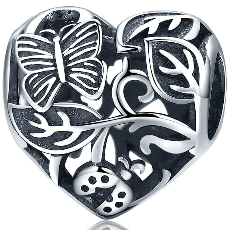 Zawieszka charms ze srebra - Listki, motyl i biedronka w sercu