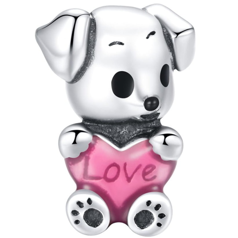 Zawieszka charms ze srebra - Mały piesek z różowym sercem