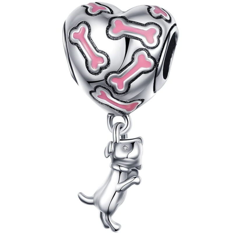 Zawieszka charms ze srebra - Mały piesek i serce w kości