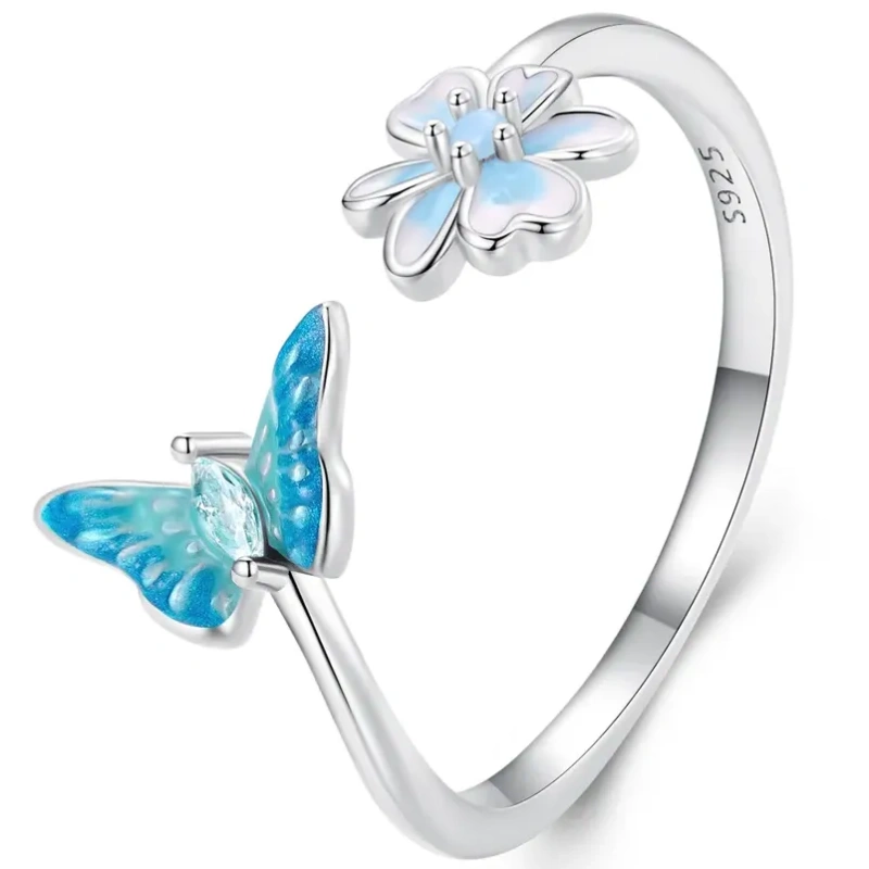 Pierścionek regulowany ze srebra - Błękitny motylek i kwiat