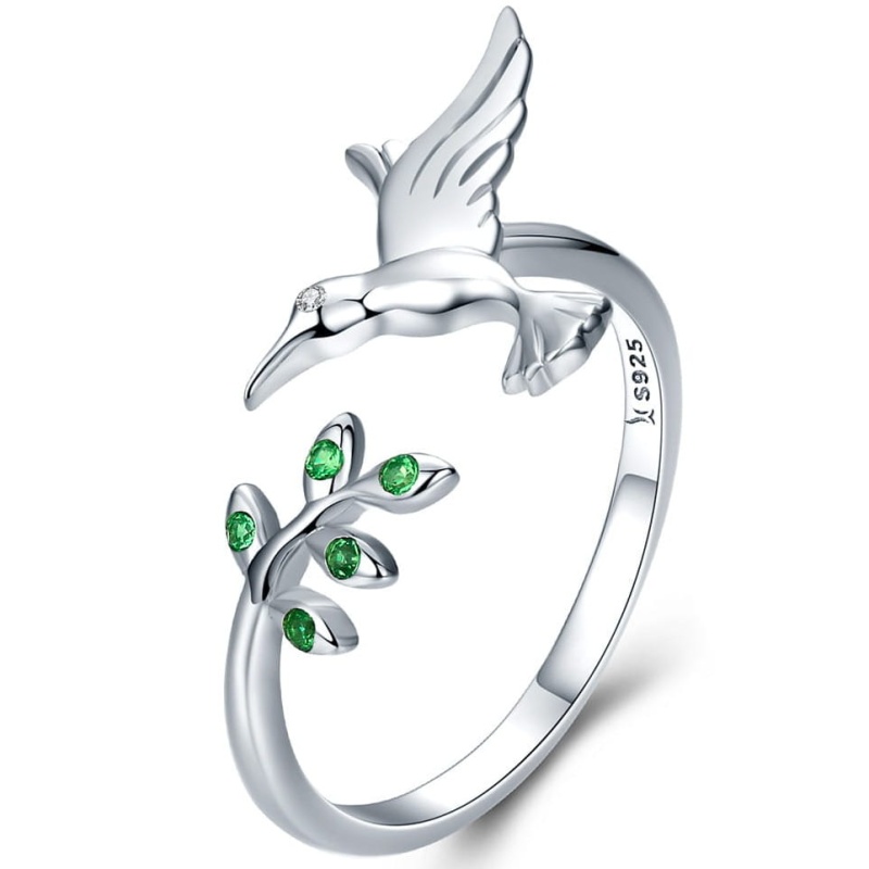 Pierścionek regulowany ze srebra - Ptaszek i zielona gałąź