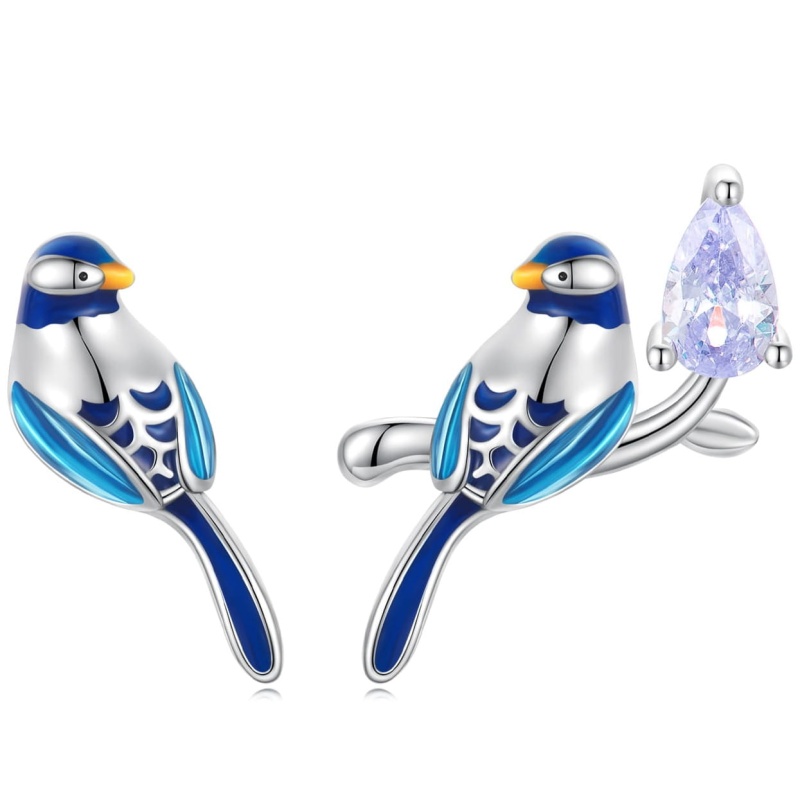 Kolczyki ze srebra - Błękitny ptak zimorodek na gałęzi z cyrkonią